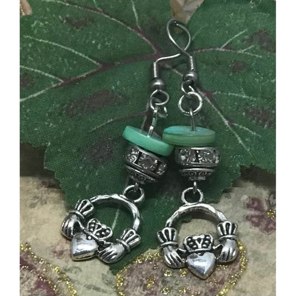 Claddagh Hook Earrings Green Mother of Pearl Shell - Picture 2 of 9